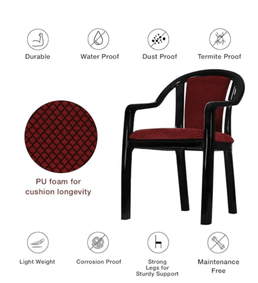 Supreme Ornate Lacquered Finish Plastic Chairs with Cushion (Red/Black, Set of 1) - Image 2